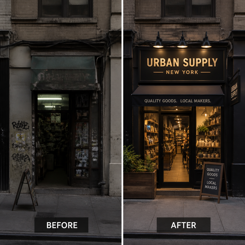 Before-and-after visual comparison of storefront signage impact on visibility and foot traffic appeal.