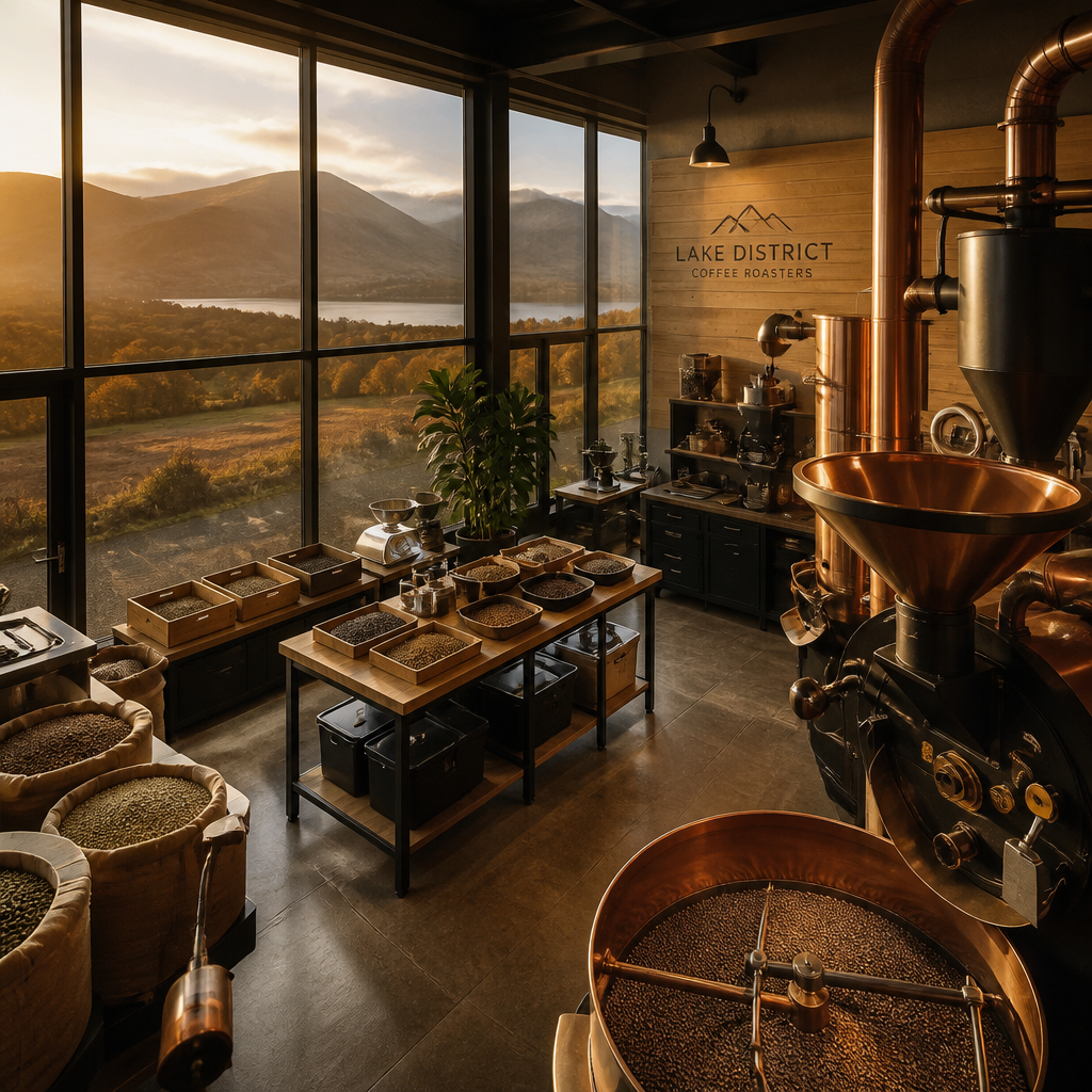 Professional coffee roasting equipment in a Lake District roastery with mountain views