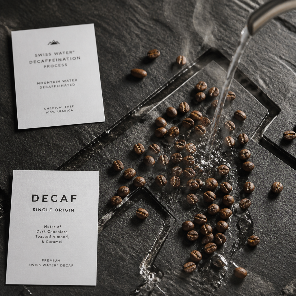 Premium decaf coffee beans with water elements illustrating the mountain water process