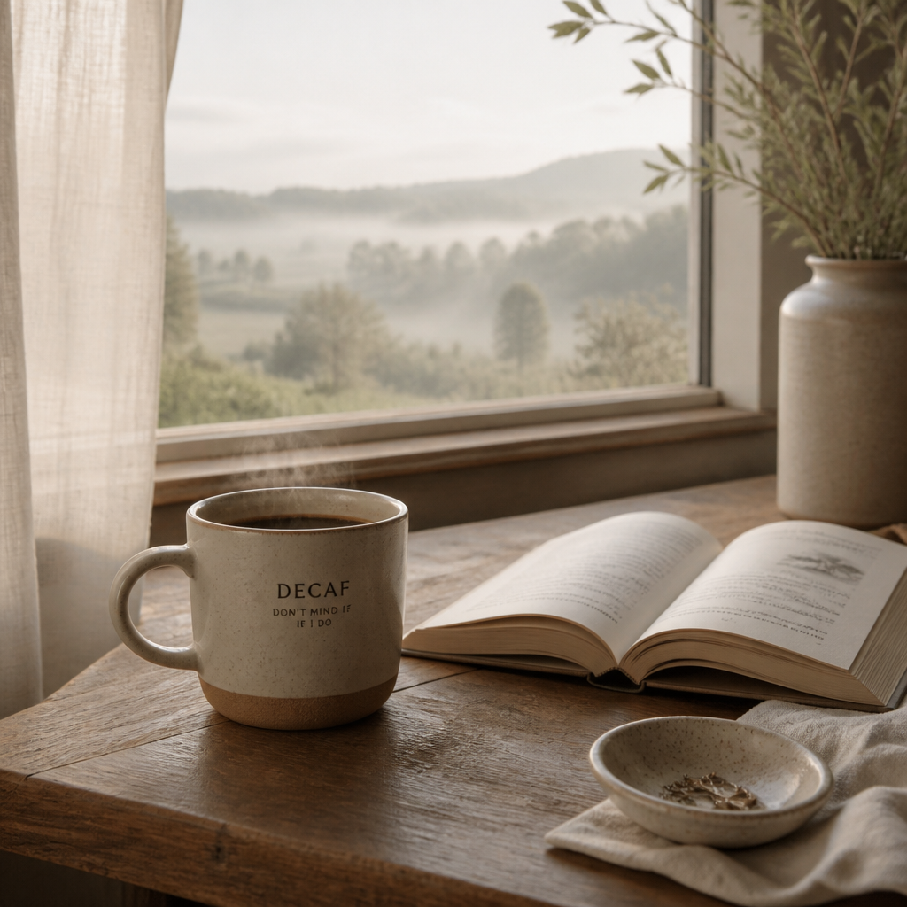Morning coffee moment with decaf cup and peaceful countryside window view
