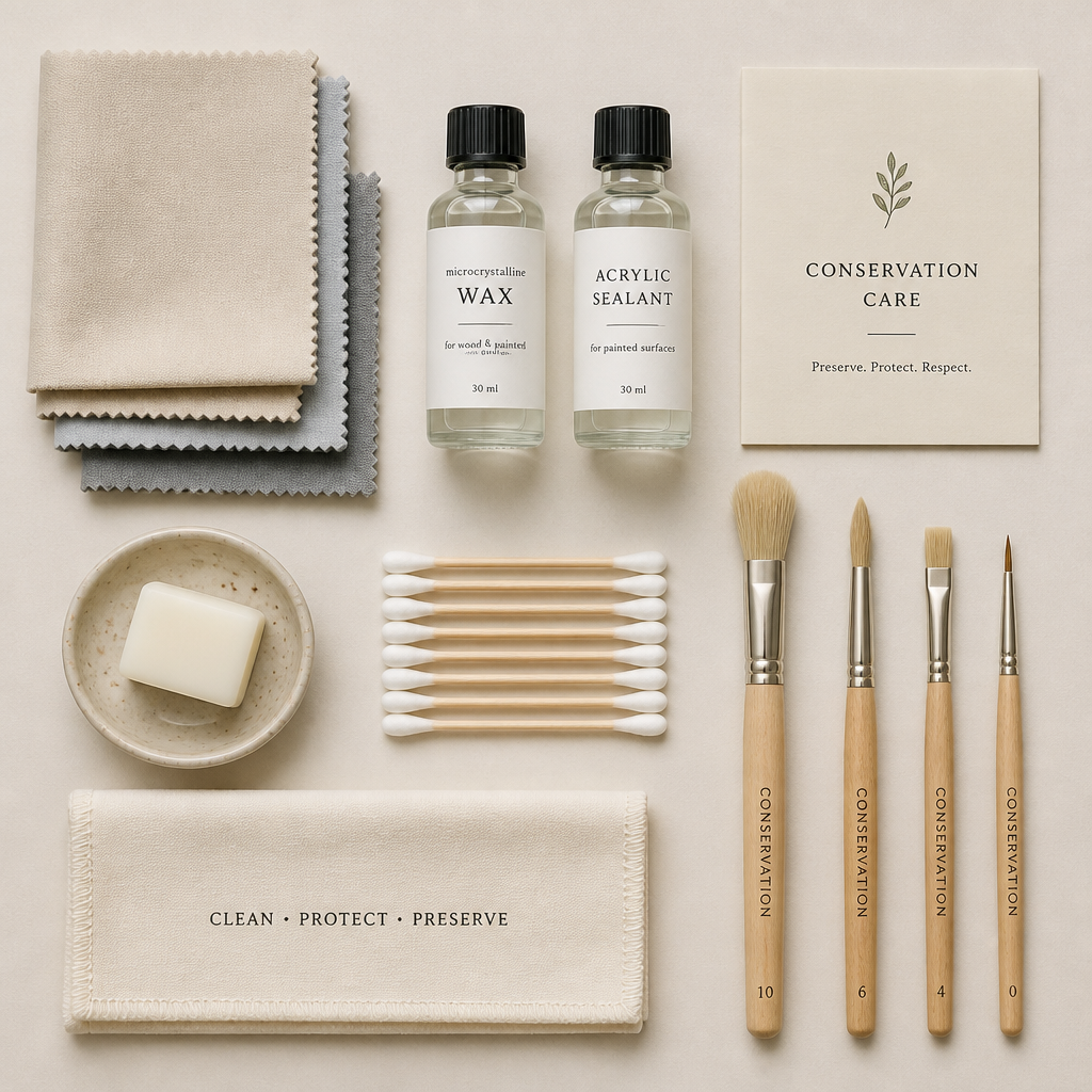 Flat-lay of bronze and stone sculpture conservation supplies and cleaning materials