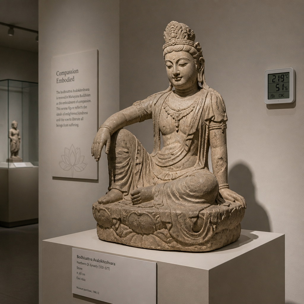 Stone sculpture in a properly lit gallery display with climate-controlled environment
