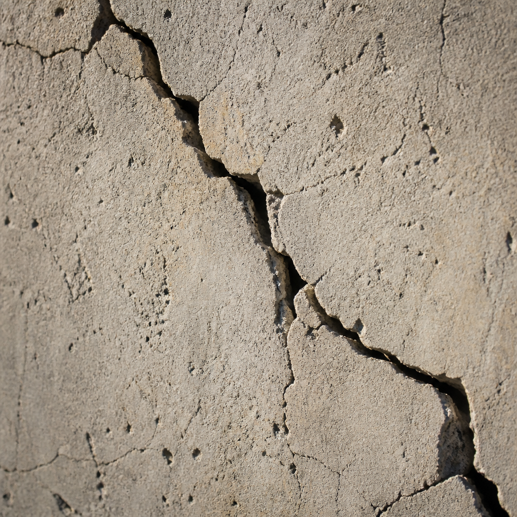 Fissures diagonales sur une surface de mur en béton