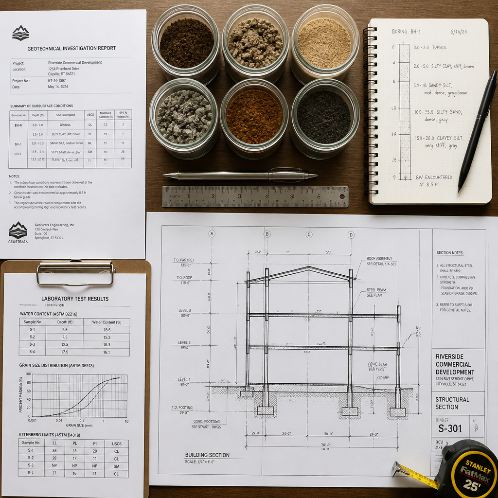 Documents techniques, échantillons de sol et outils d'ingénierie sur un bureau