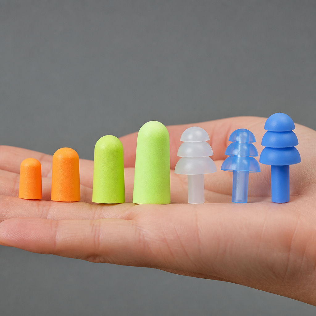Different earplug sizes and types arranged to show variety in ear canal fitting options