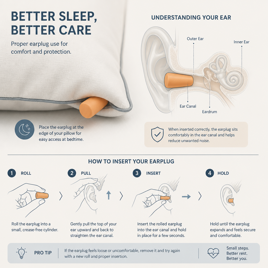 Visual diagram showing earplug insertion technique and how pillow pressure affects retention during sleep