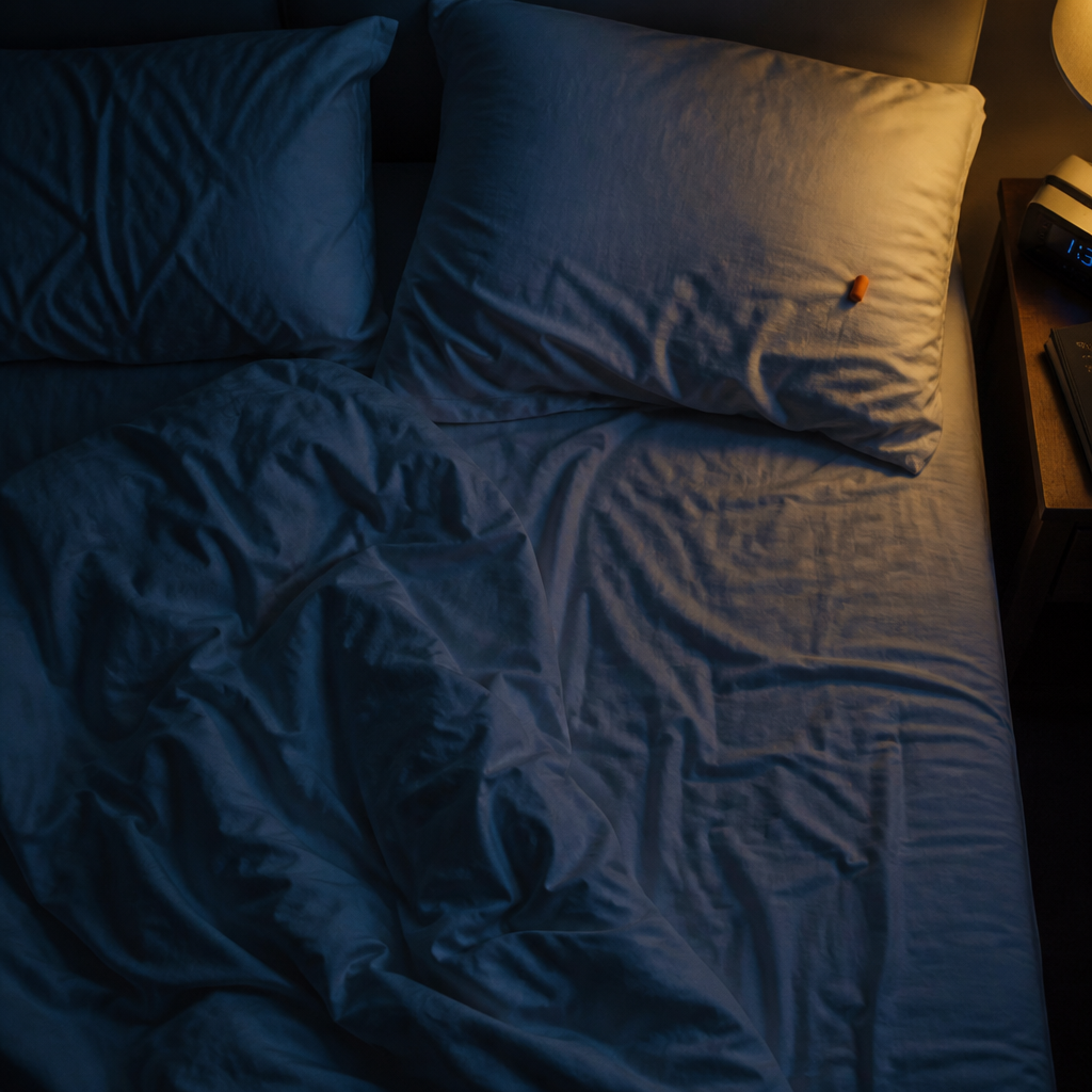 Earplug on pillowcase next to bedding, depicting the common nighttime scenario of earplug loss during sleep