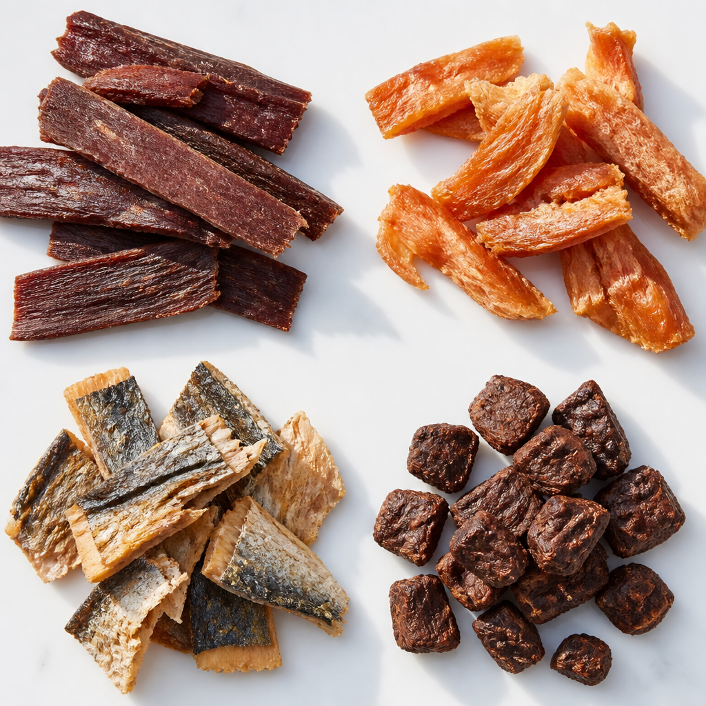 Single-ingredient real meat dog treats arranged on white background