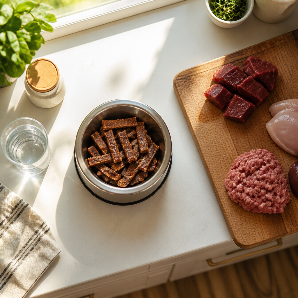 Real meat dog treats in a kitchen setting with natural lighting