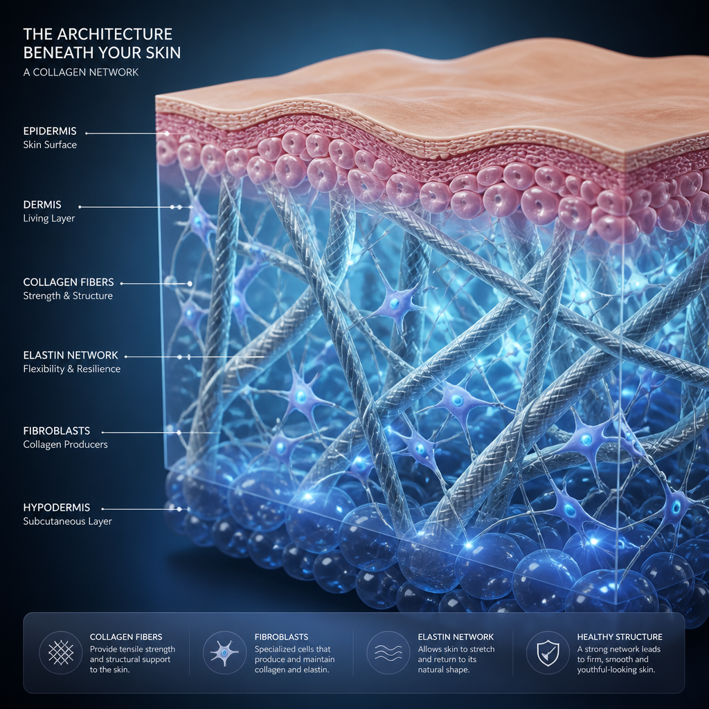 Abstract 3D visualization of collagen fiber structures and skin layers
