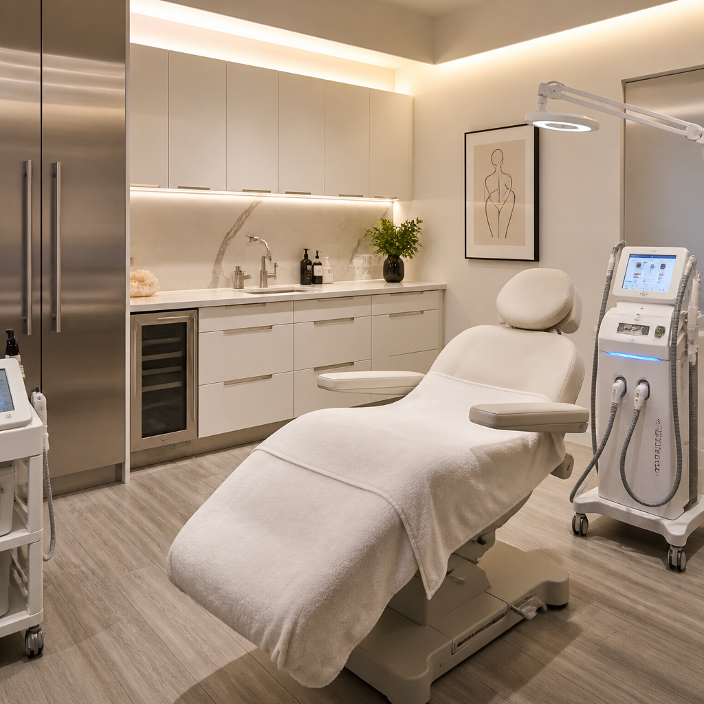 Modern medispa treatment room with advanced skincare technology and clinical aesthetic