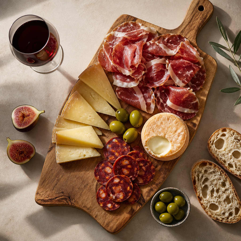 Mesa elegante de maridaje ibéricos y queso español con jamón, manchego, torta del casar y acompañamientos