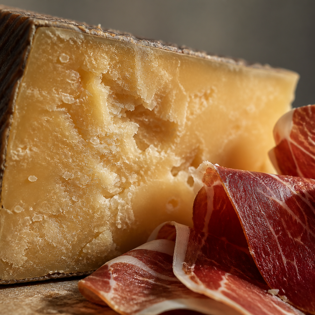 Detalle de textura de queso manchego curado junto a jamón ibérico mostrando los sabores complementarios