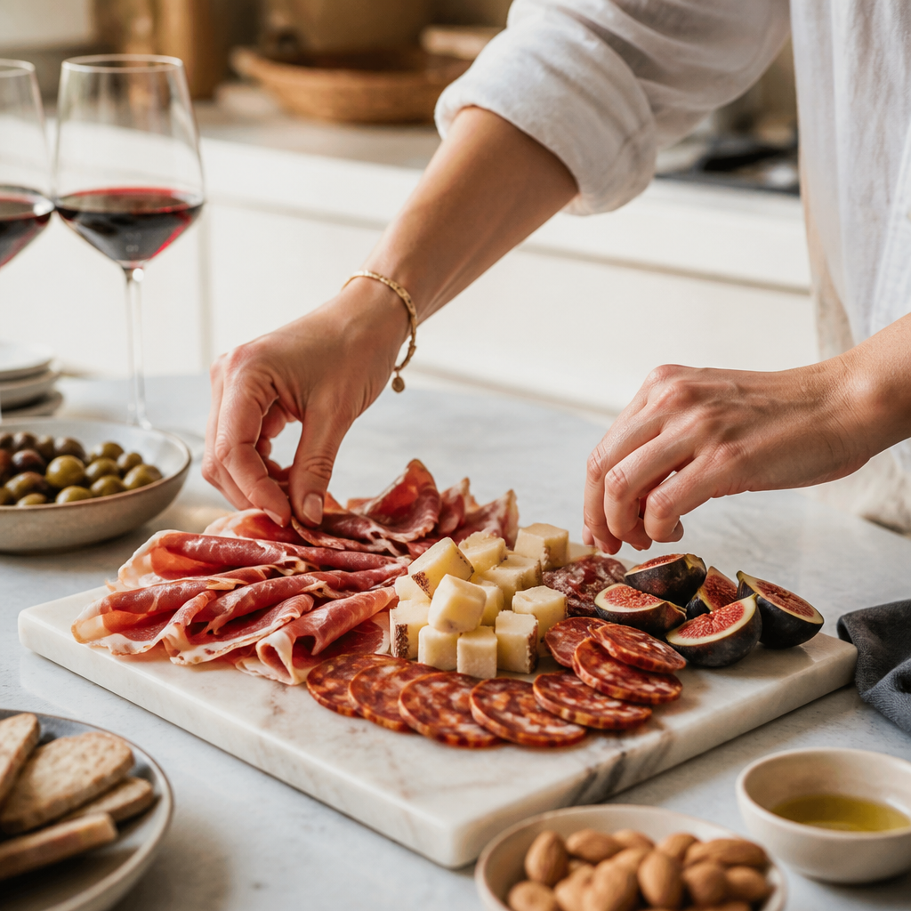 Preparación artesanal de una tabla de maridaje ibéricos y queso con técnica profesional