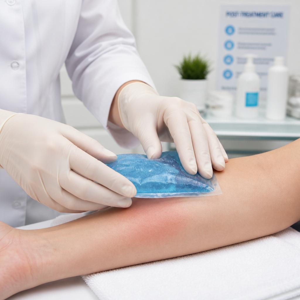 Medical professional applying cold compress to arm during laser tattoo removal aftercare