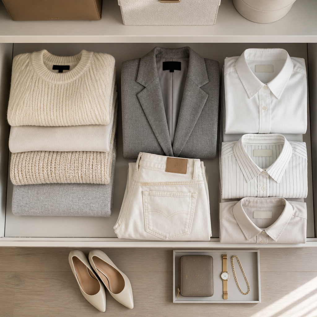 Organized closet shelf with folded neutral-toned garments