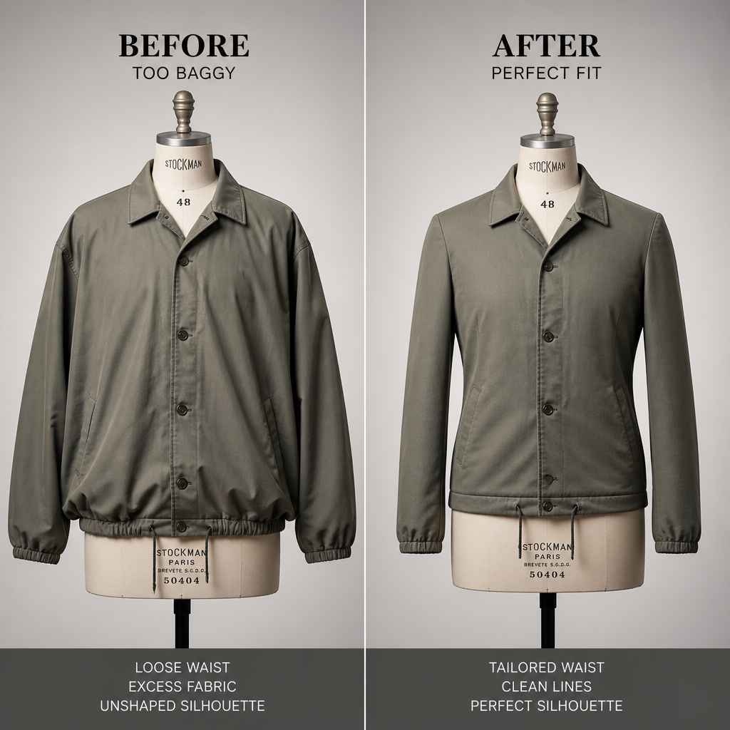 Before and after comparison of a jacket waist alteration