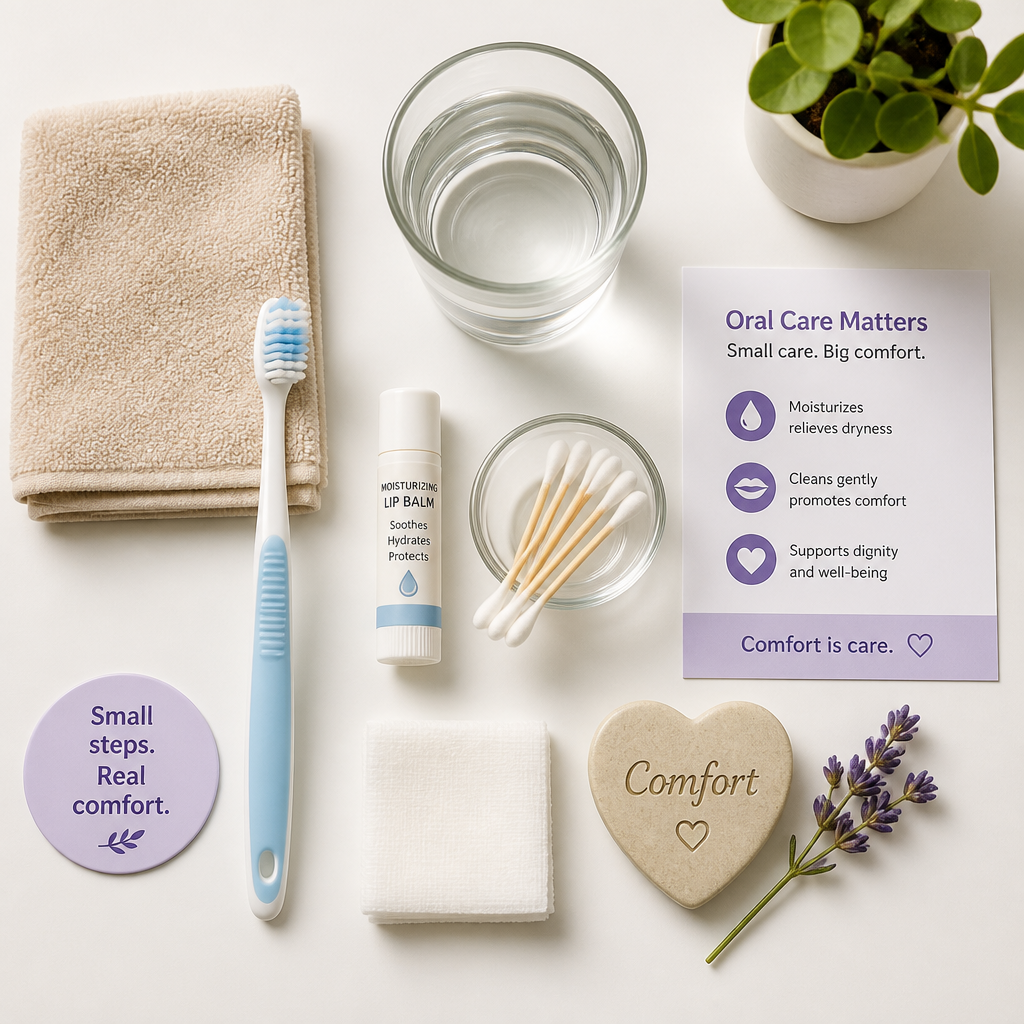 Organized collection of oral care supplies for palliative care settings