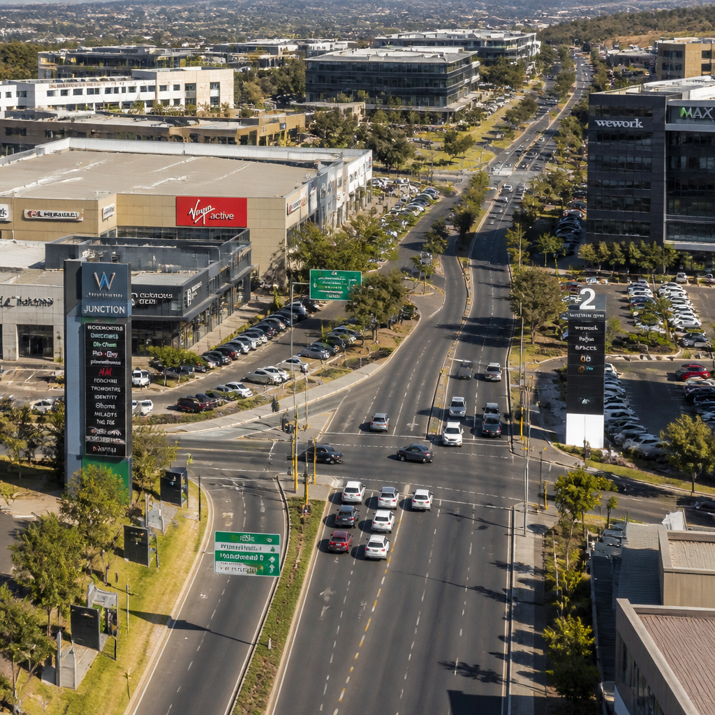 Aerial view of Gauteng commercial zone showing business park entrances and vehicle navigation