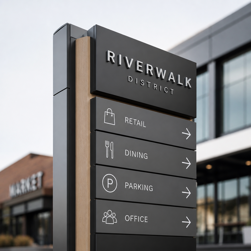Detailed view of a directional pylon sign construction and material finish