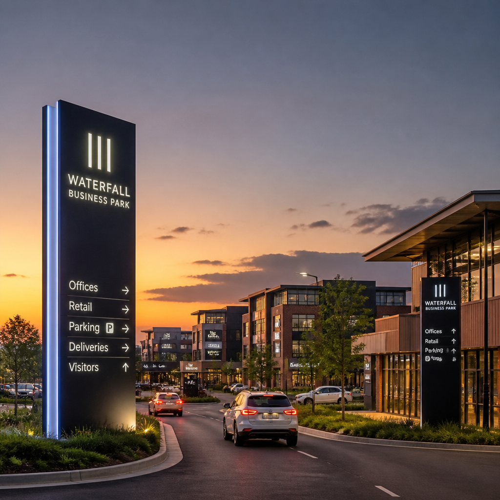 Mixed-use development at entrance showing strategic pylon sign placement for customer wayfinding