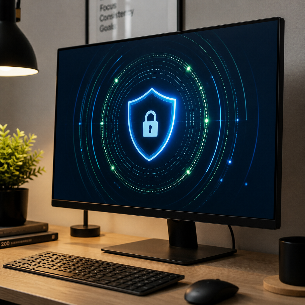 Digitalt sikkerhedsikon på computermonitor med beskyttelseslag illustreret som lysende cirkler