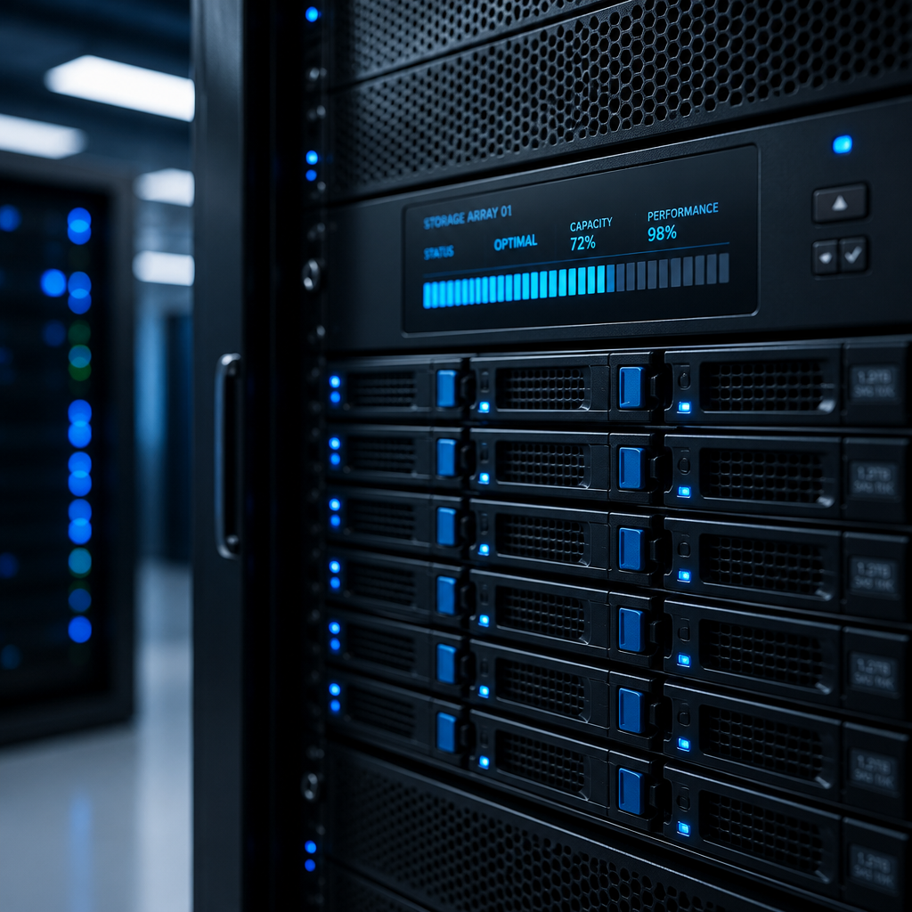 Serverrum med belyst lagringsenhed der repræsenterer virksomhedens databackup-infrastruktur