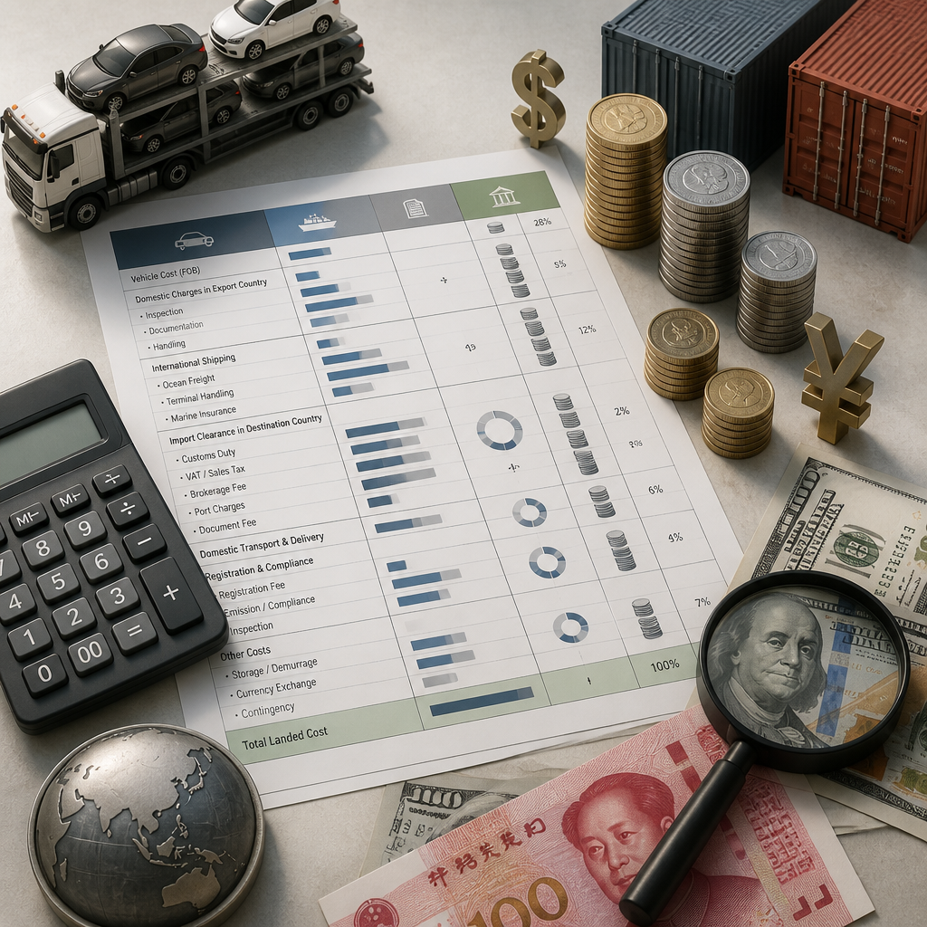 Cost breakdown visualization with calculator and financial elements representing import pricing