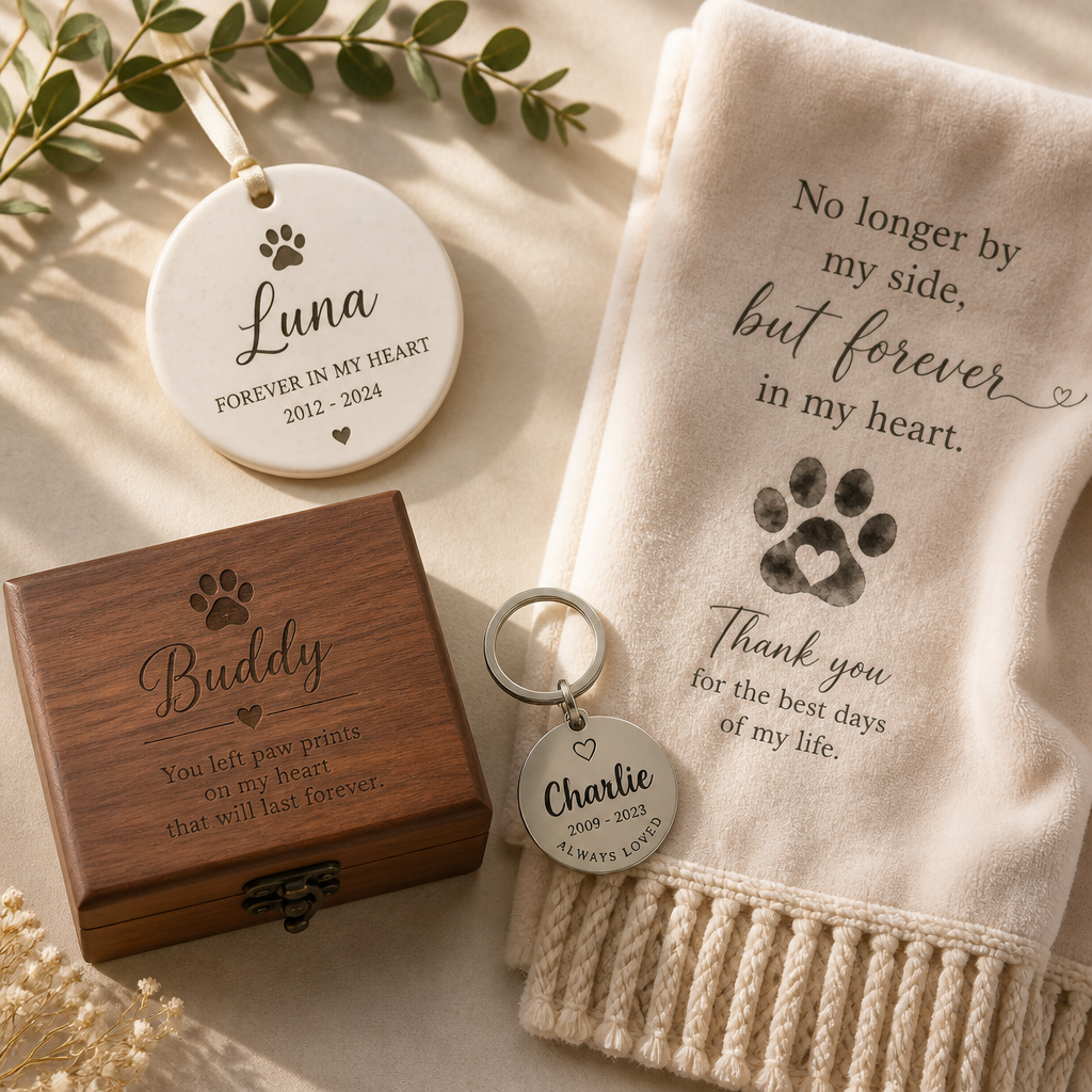 Collection of engraved pet memorial gifts including ornaments, keychains, and boxes