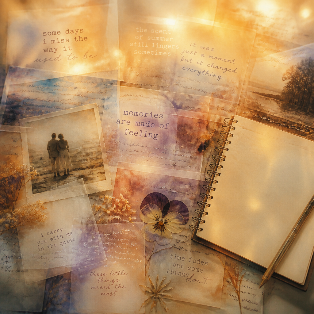 Abstract representation of pet memory with scattered personal keepsakes and text