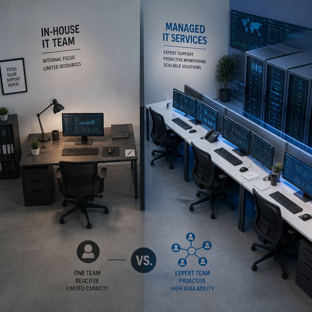 Split-screen workspace comparison showing in-house IT setup versus managed IT infrastructure