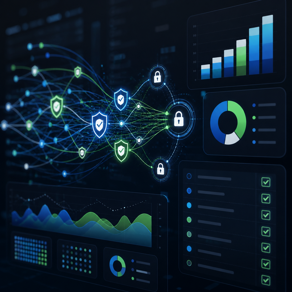 Abstract network visualization with security and compliance indicators representing IT service architecture