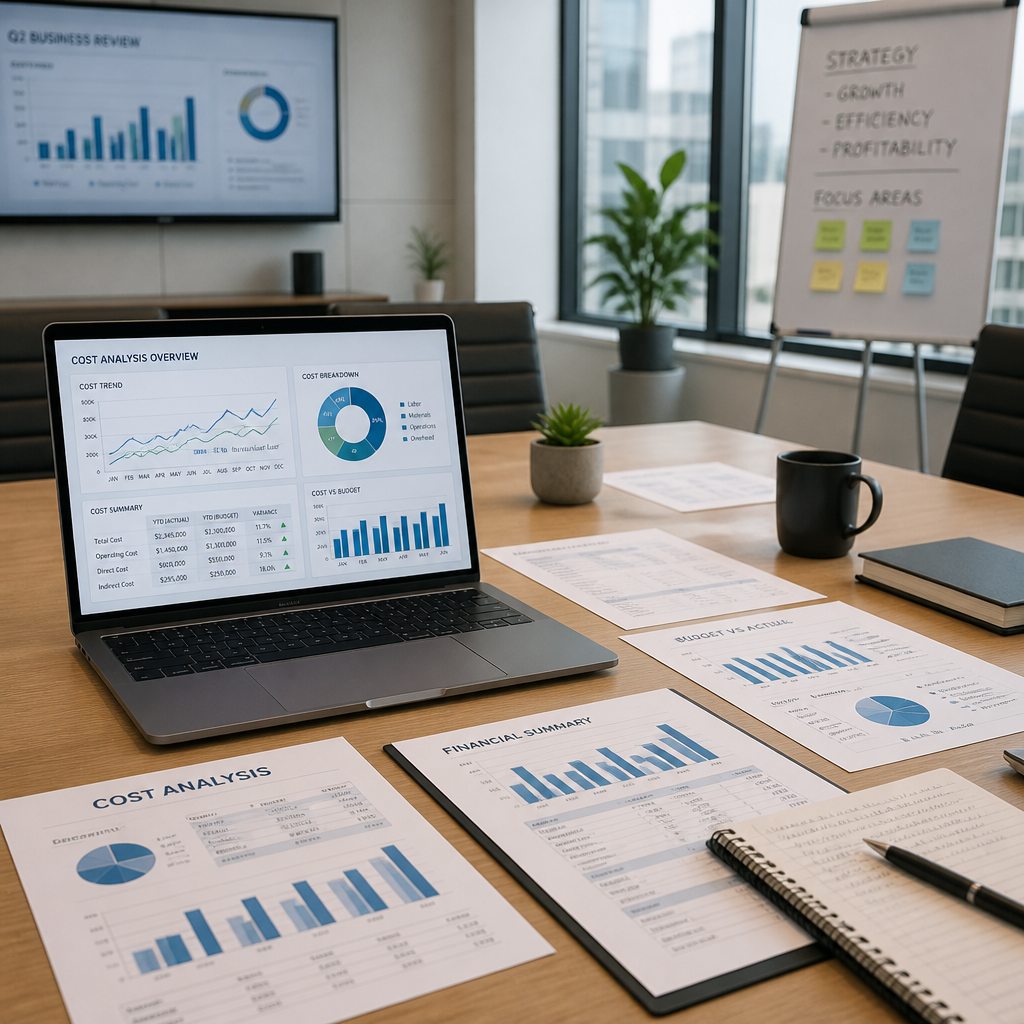 Business planning table with financial documents and growth analysis representing SME IT decision-making