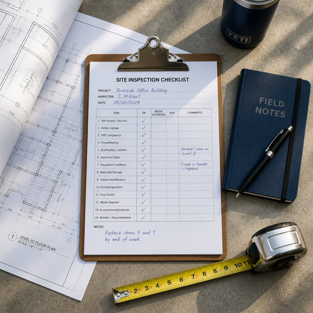 Inspection clipboard and blueprints on concrete at construction site