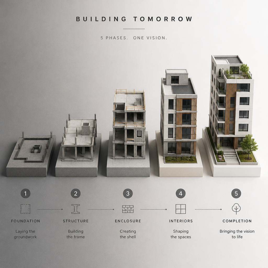 Visual timeline showing five stages of home construction progression