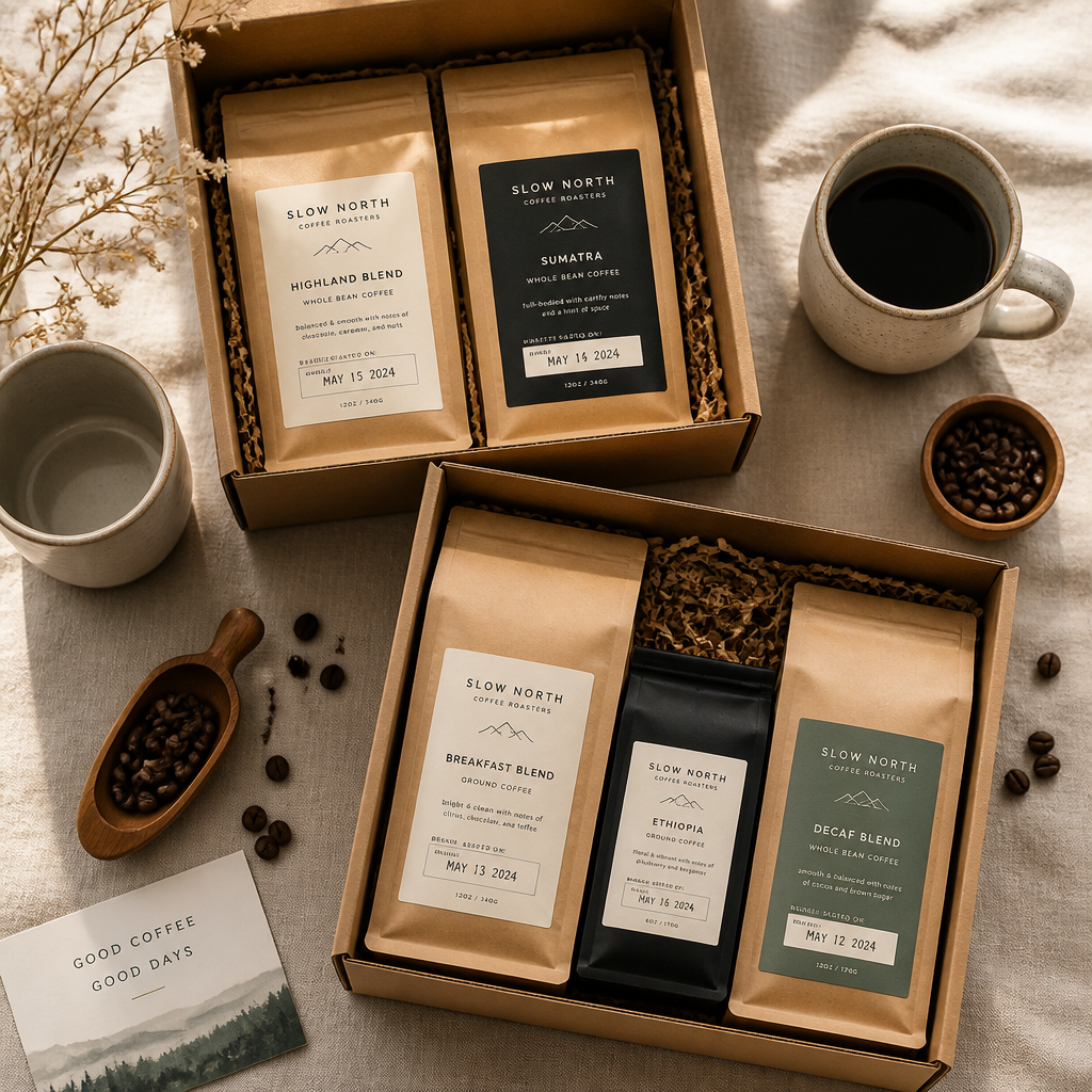 Premium coffee gift sets with roast dates and various formats arranged in flat lay
