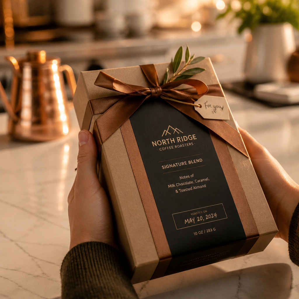 Hands holding a premium coffee gift box with roast date label in modern kitchen setting