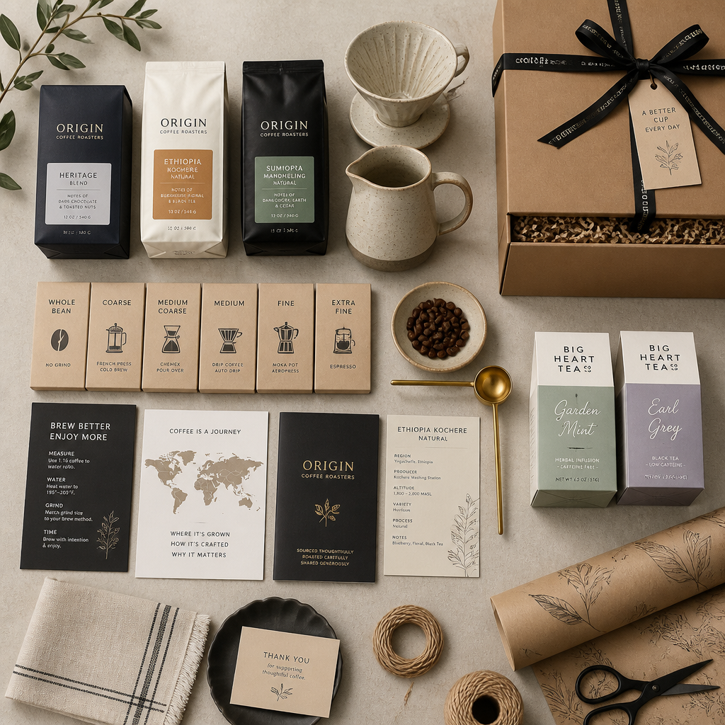 Curated coffee and tea gift selection with various formats and brewing equipment displayed