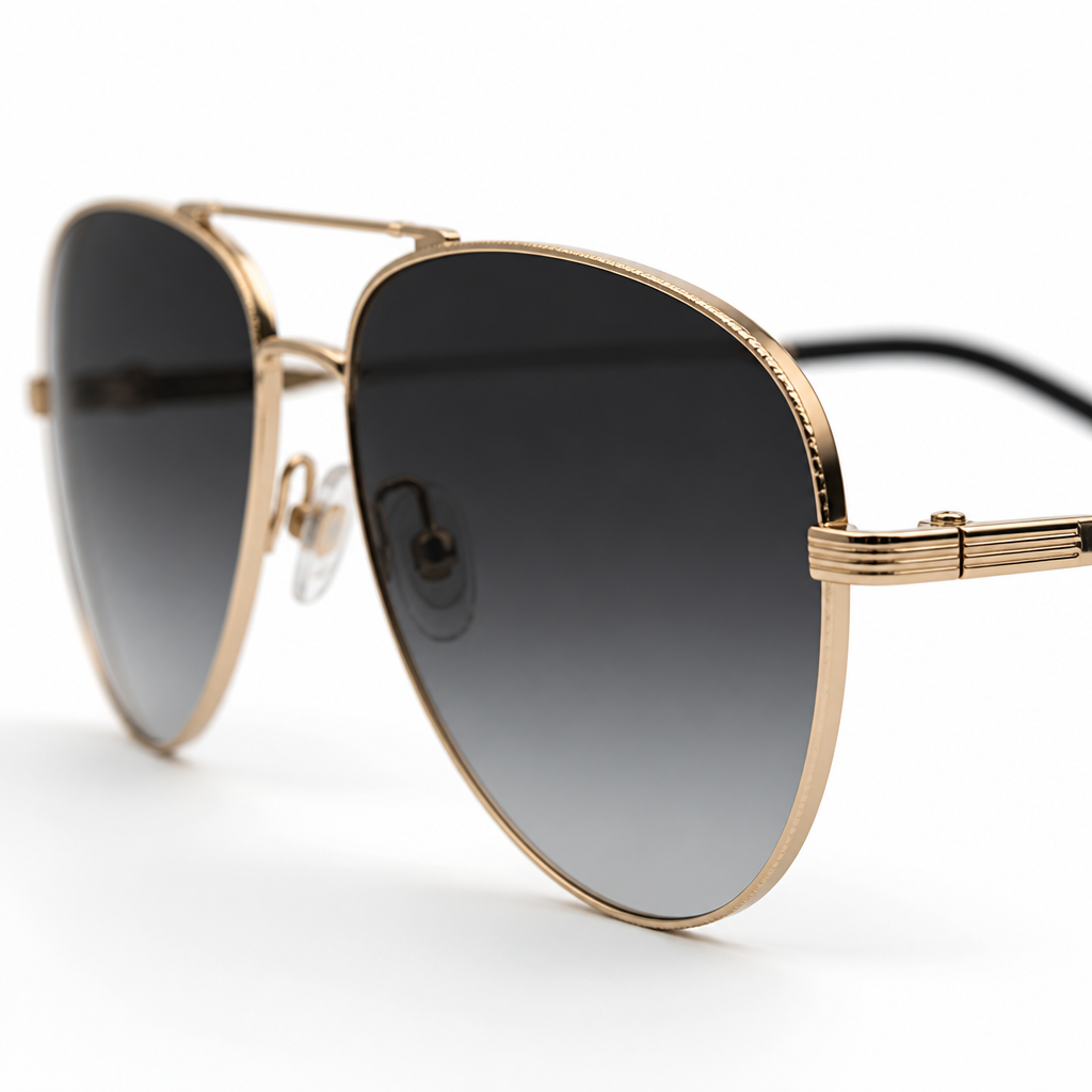 Close-up of aviator-style sunglasses featuring metal frames and gradient lenses with precise detailing