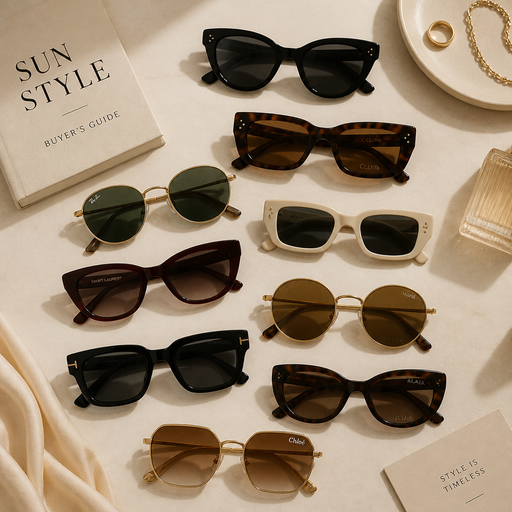 Multiple sunglasses styles arranged in a flat lay editorial composition showcasing different frame designs