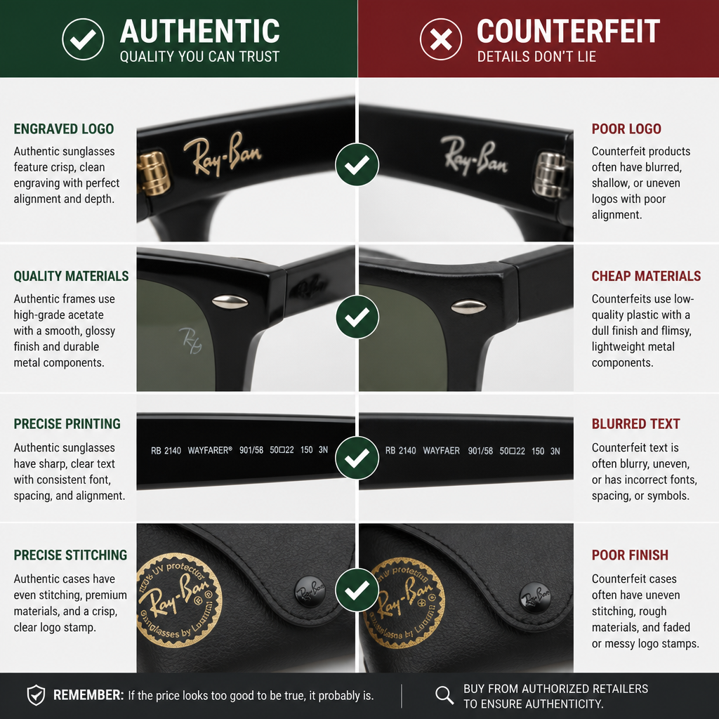 Side-by-side comparison highlighting authentic versus counterfeit eyewear construction details and markings