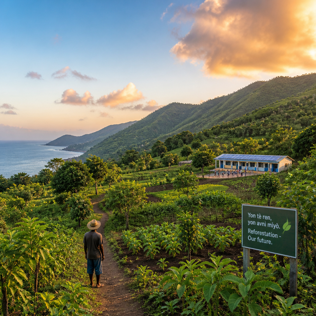 Reforested landscape with community buildings and sustainable agriculture in a Haitian coastal valley