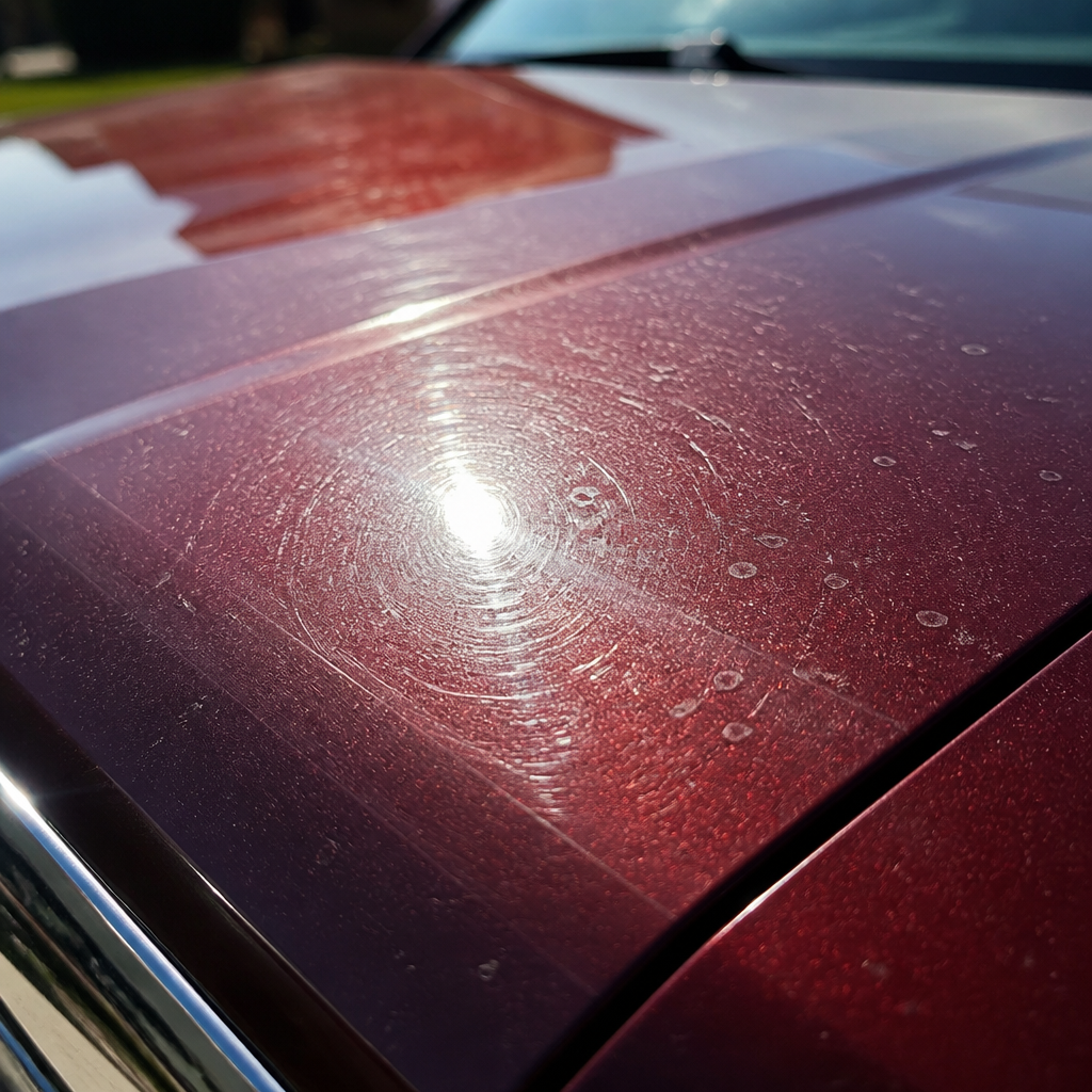 Macro close-up of red car paint showing swirl marks and water spots in sunlight