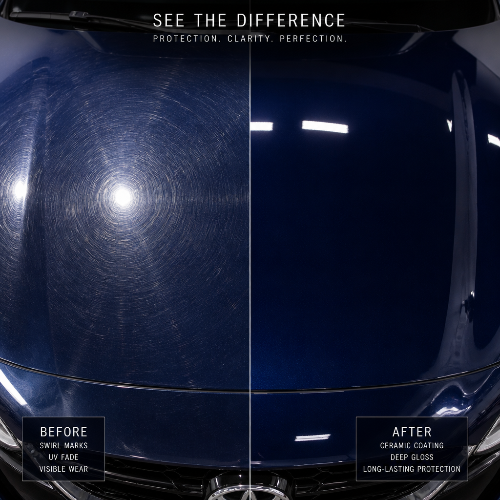 Side-by-side comparison of car paint before and after ceramic coating protection