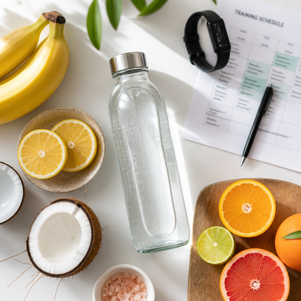 Pre-workout hydration essentials with water bottle and electrolyte-rich foods on a desk