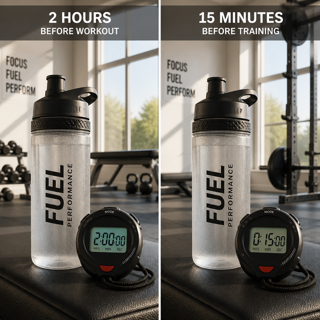 Pre-workout hydration timeline showing drinking schedule hours before exercise