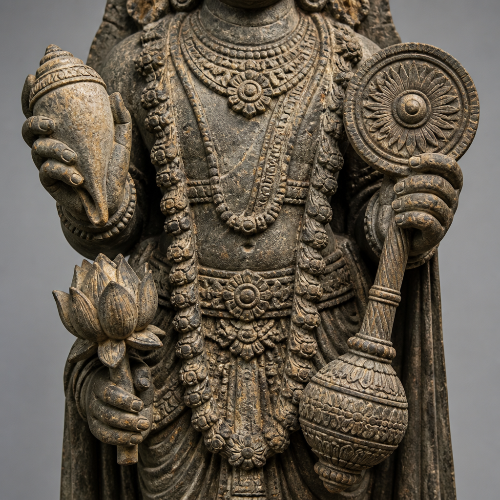 Close-up of Vishnu statue's four arms with ceremonial attributes