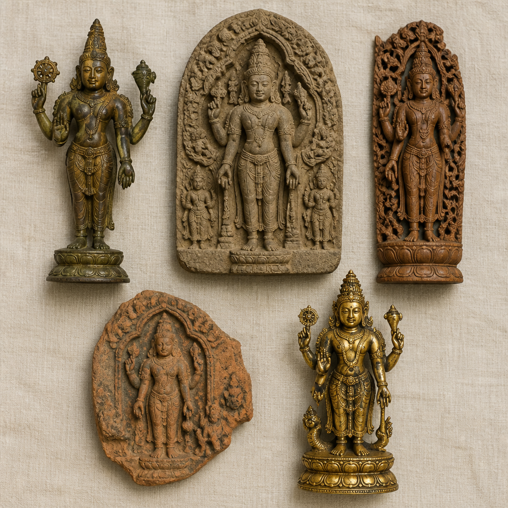Collection of Vishnu avatars from different Asian sculptural traditions arranged together