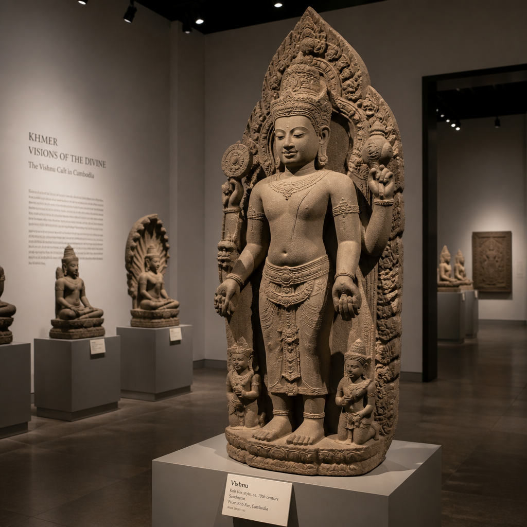 Khmer Vishnu sandstone sculptures in museum gallery setting