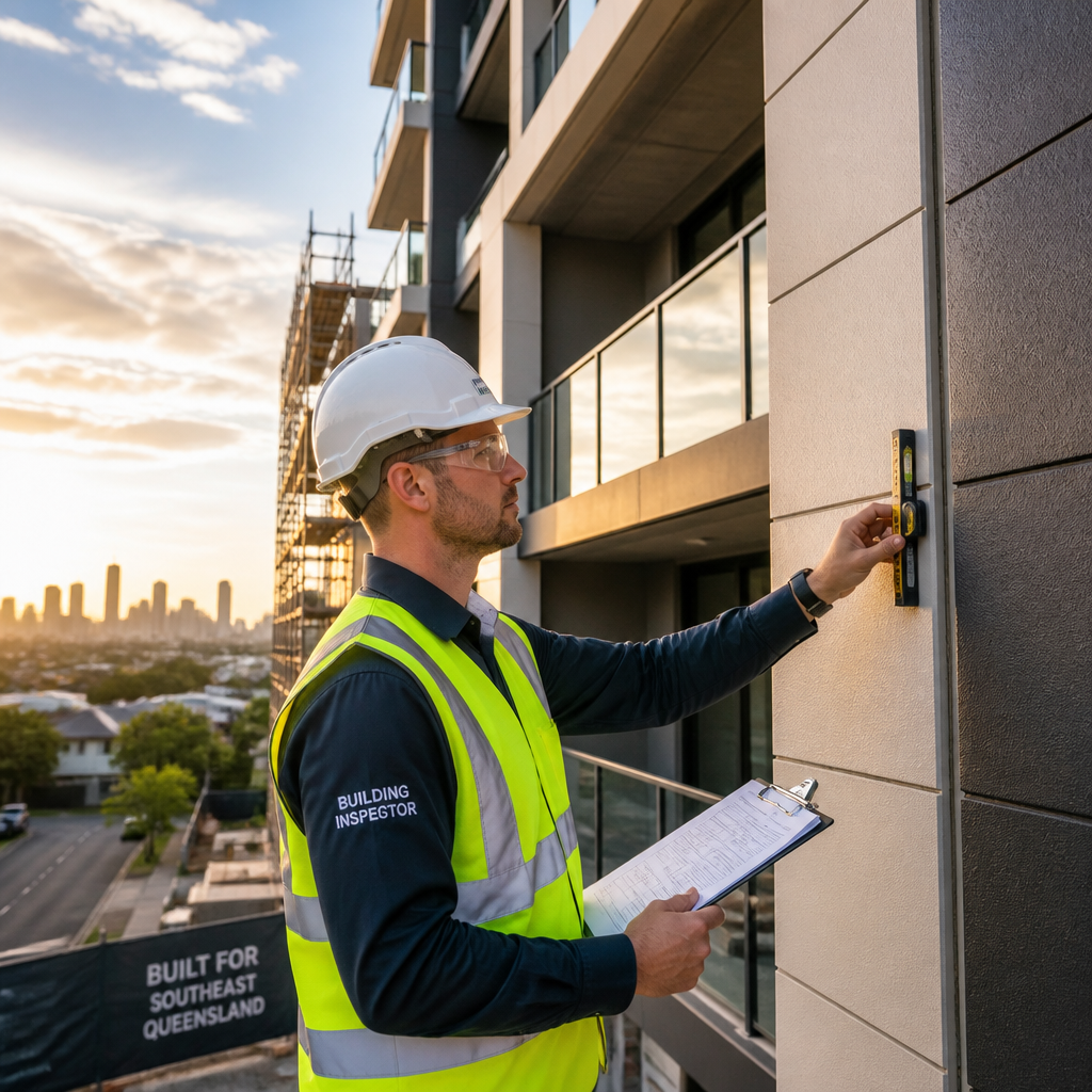 Professional building inspector conducting facade assessment on modern apartment complex